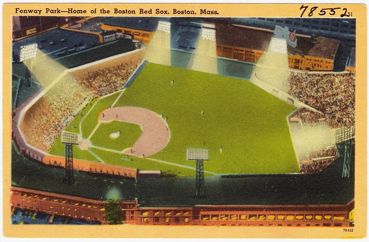 A vintage Tichnor postcard (circa 1930s–40s) of Fenway Park at night — a later image, illustrative.