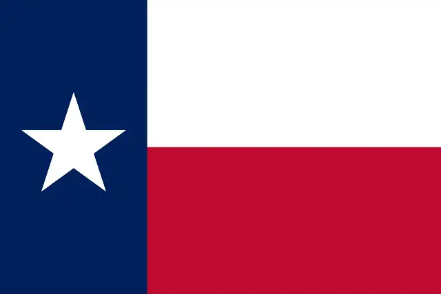 The flag of Texas: a single white star on a blue vertical field beside horizontal white and red stripes
