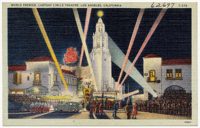 Vintage postcard of a world premiere at the Carthay Circle Theatre in Los Angeles, where Snow White premiered on December 21, 1937