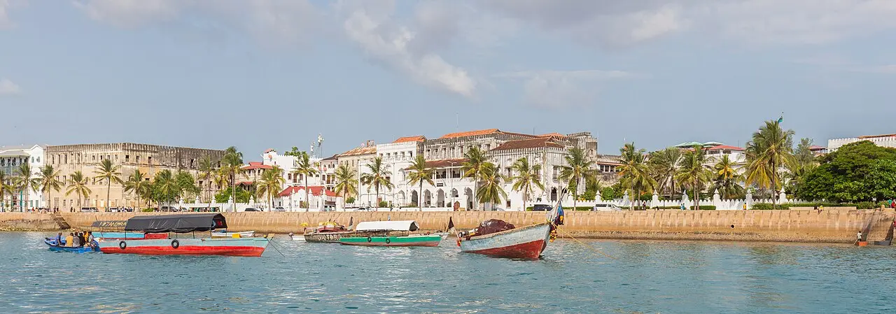 Colorful wooden dhows anchored in the harbor of Stone Town, Zanzibar, with palm trees and colonial-era waterfront buildings behind them.