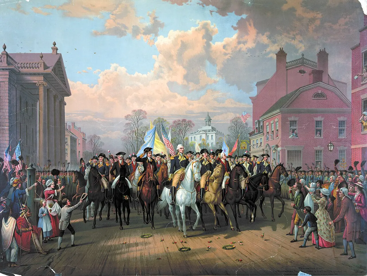 An 1879 lithograph depicting George Washington's triumphal entry into New York City on November 25, 1783 (illustrative of the day's events).