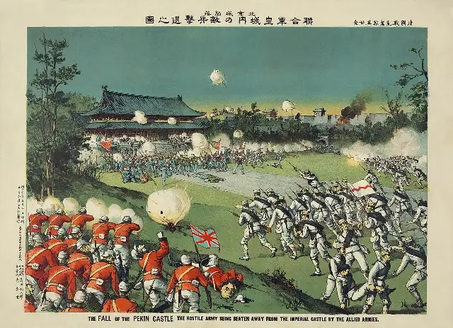 Japanese woodblock print showing allied troops storming Beijing's Imperial Castle in 1900.