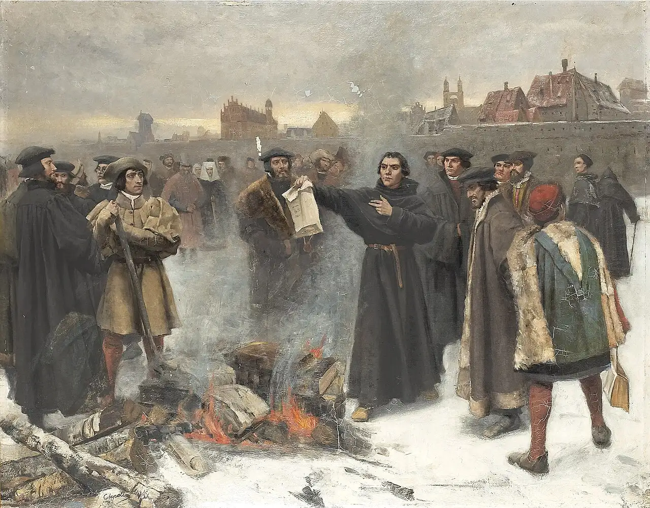 Karl Aspelin's painting showing Martin Luther burning the papal bull before a crowd outside Wittenberg in December 1520.