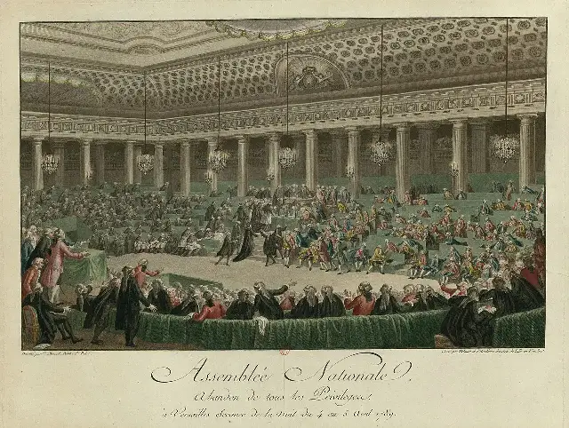 Isidore Helman's engraving after Charles Monnet depicting the National Assembly's night session of August 4–5, 1789, when feudal privileges were renounced.