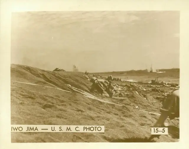 U.S. Marines landing on the beach at Iwo Jima in a 1945 Marine Corps photograph