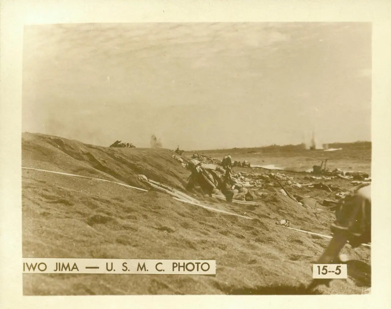 U.S. Marines landing on the beach at Iwo Jima in a 1945 Marine Corps photograph