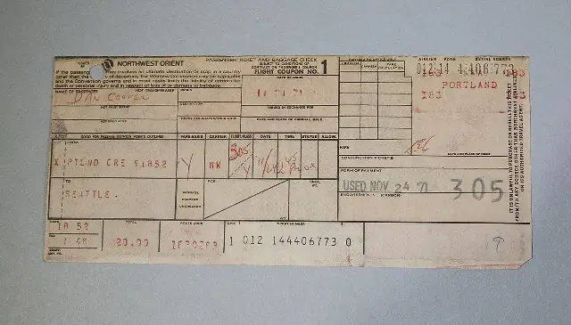 An FBI photograph of the 'Dan Cooper' airline ticket for Northwest Orient Flight 305, stamped as used on November 24, 1971.