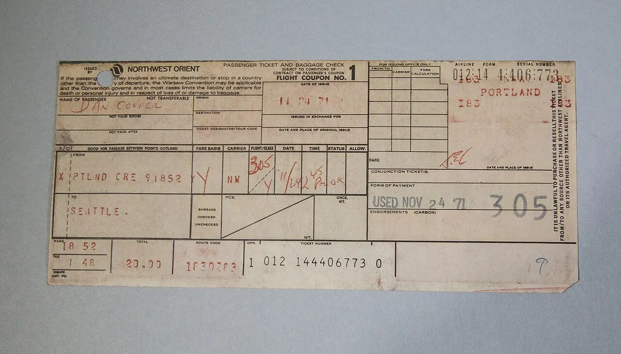 An FBI photograph of the 'Dan Cooper' airline ticket for Northwest Orient Flight 305, stamped as used on November 24, 1971.