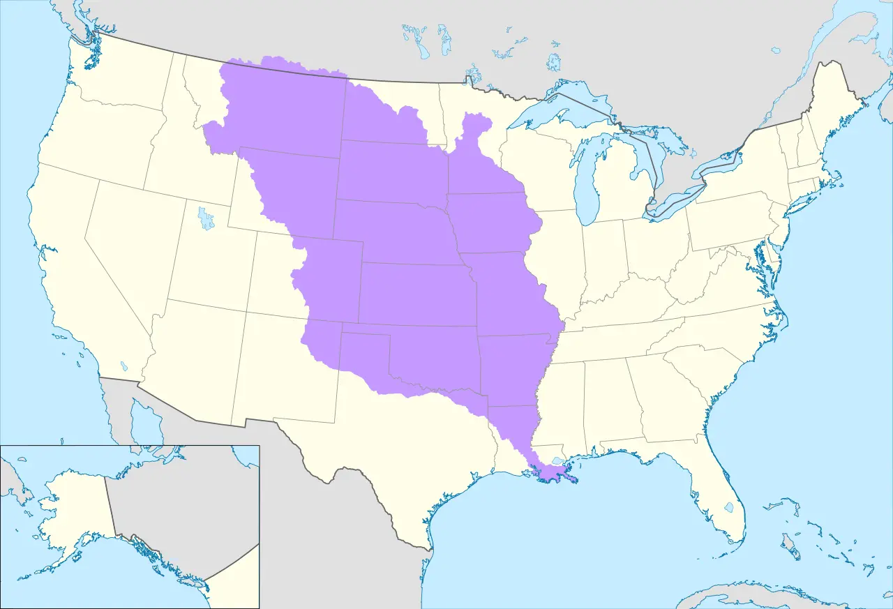 Map showing the extent of French Louisiana in 1803, the territory purchased by the United States.