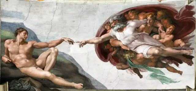 Michelangelo's 'The Creation of Adam' on the Sistine Chapel ceiling, showing God and Adam reaching toward each other.
