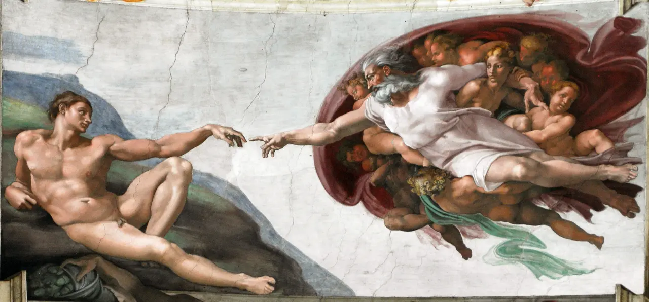 Michelangelo's 'The Creation of Adam' on the Sistine Chapel ceiling, showing God and Adam reaching toward each other.