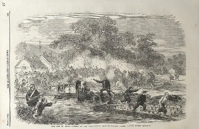 An 1858 Illustrated London News engraving of British troops attacking a boat on the Canton River during the Second Opium War, the war the Arrow incident started.