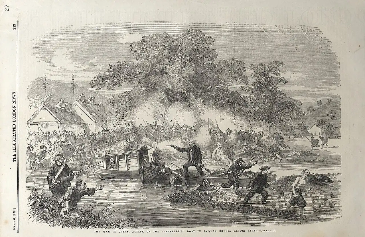 An 1858 Illustrated London News engraving of British troops attacking a boat on the Canton River during the Second Opium War, the war the Arrow incident started.