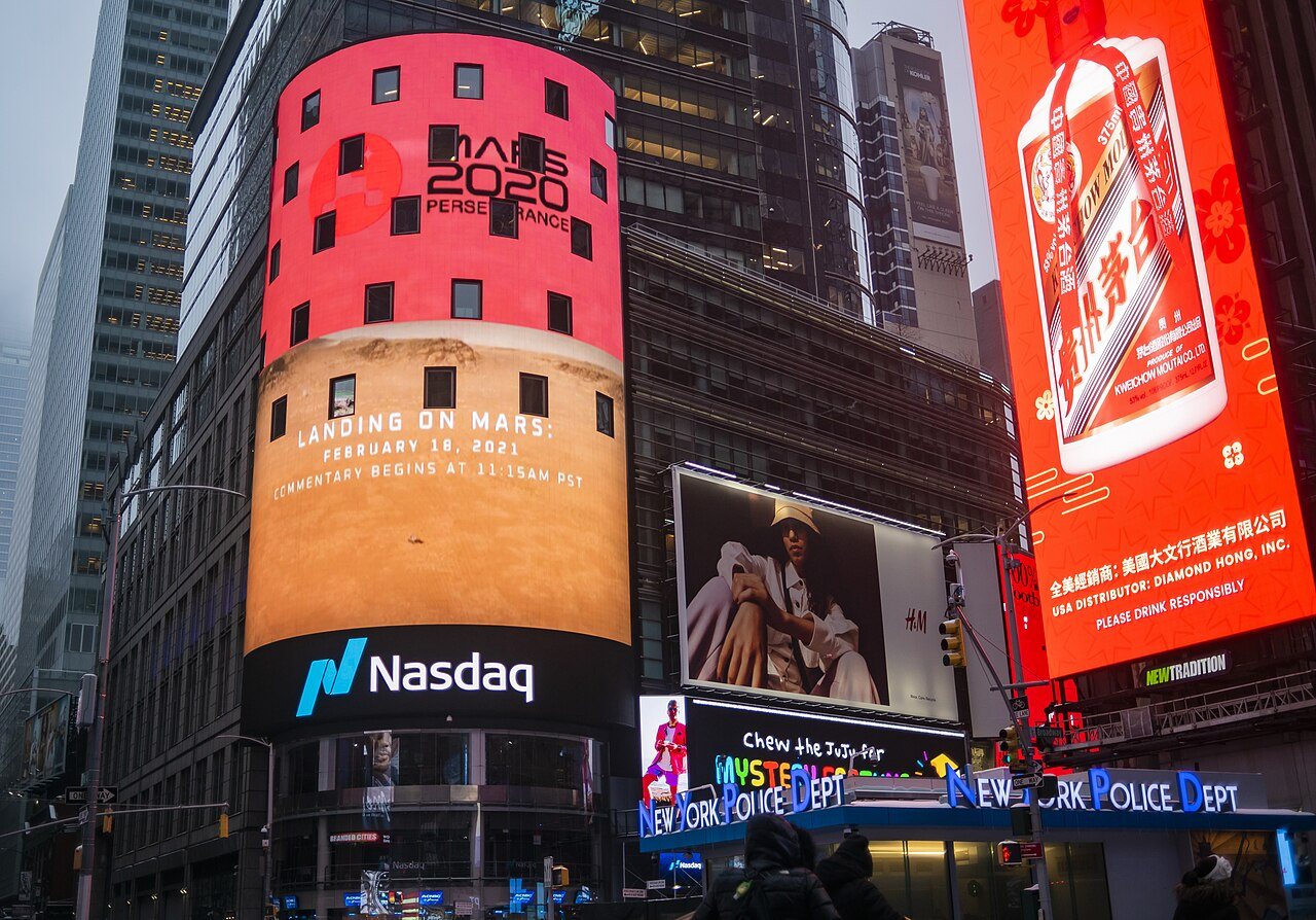 The Nasdaq MarketSite tower screen in Times Square, New York, displaying a NASA Mars 2020 message in 2021.