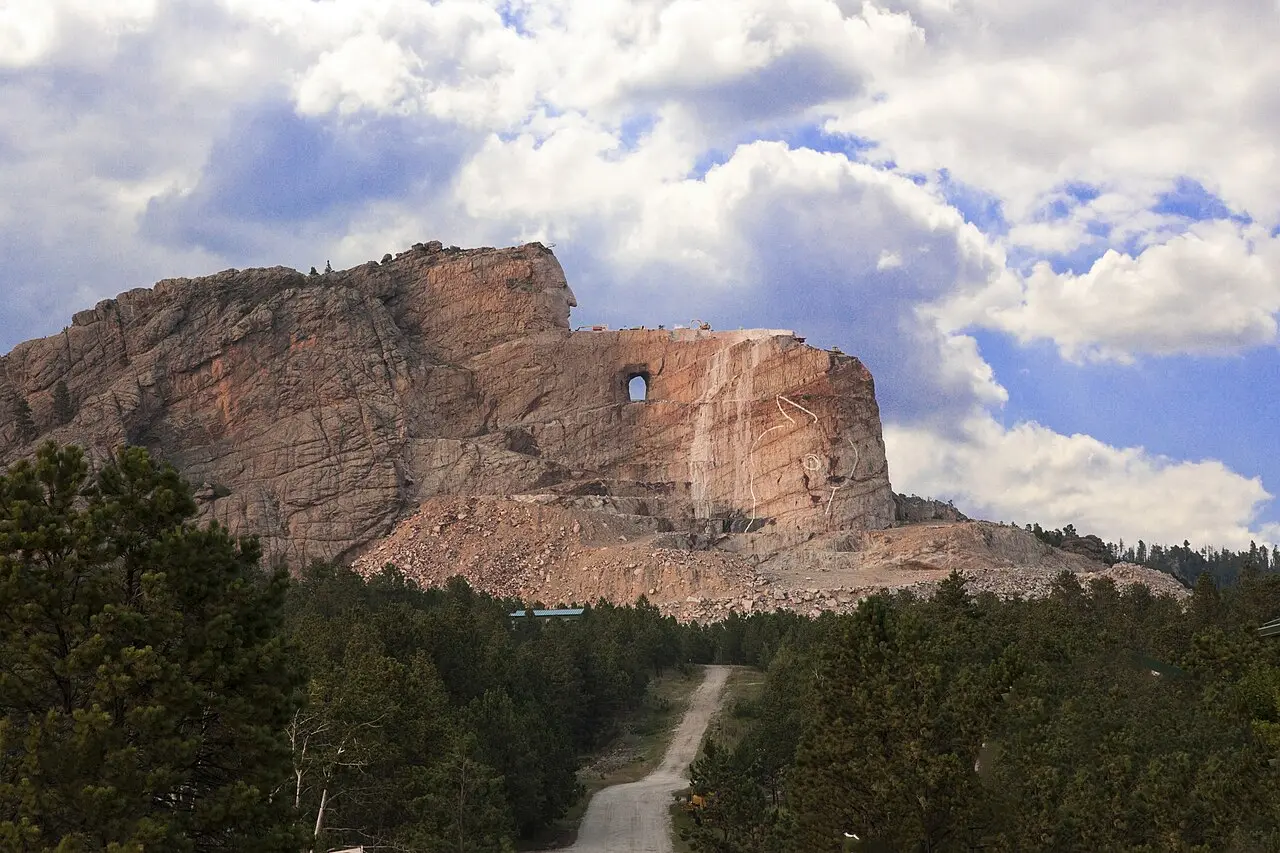 The Crazy Horse Memorial mountain sculpture under construction in the Black Hills of South Dakota.
