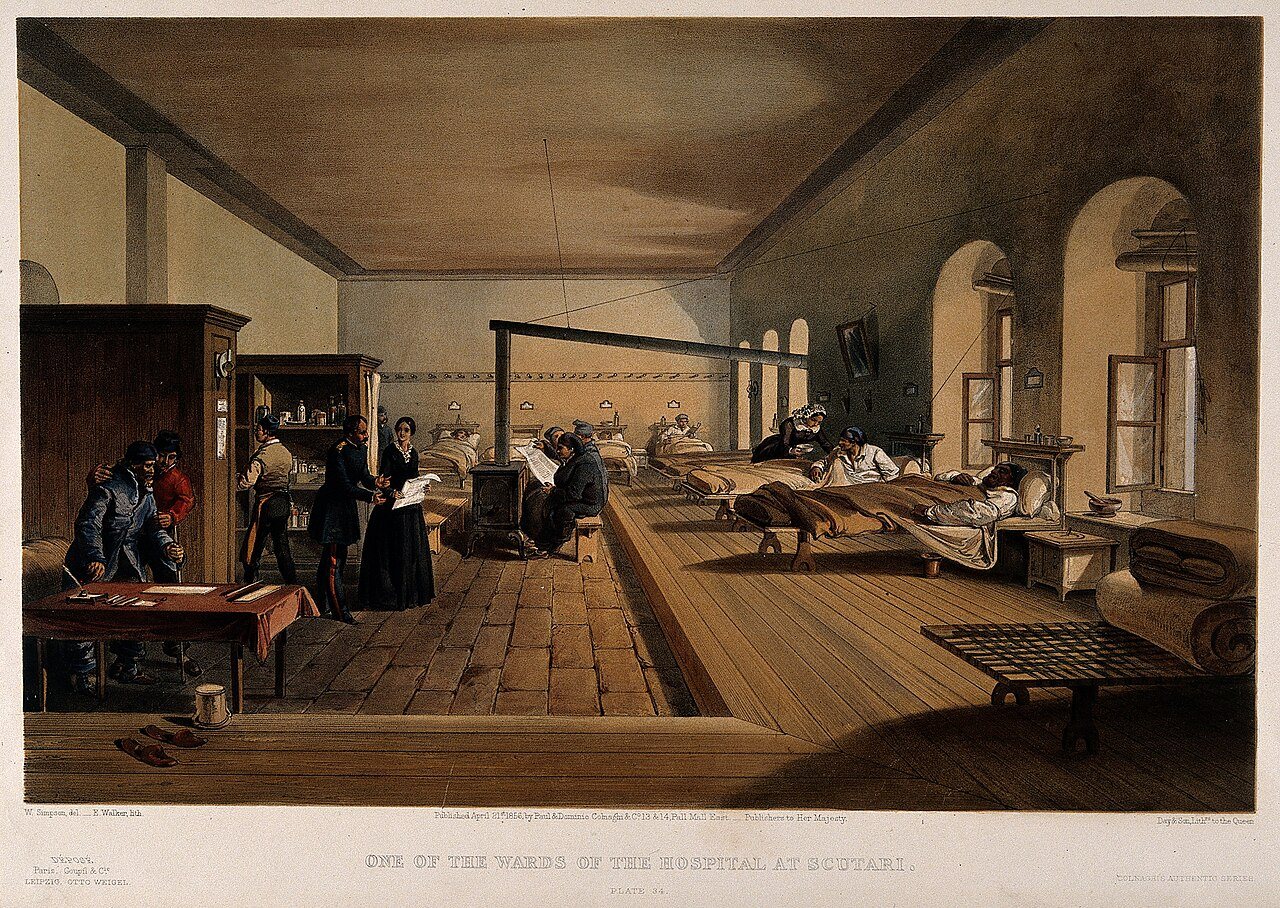 1856 colored lithograph by E. Walker after W. Simpson showing Florence Nightingale with her lamp at Scutari Hospital during the Crimean War (contemporary image, not a photograph).