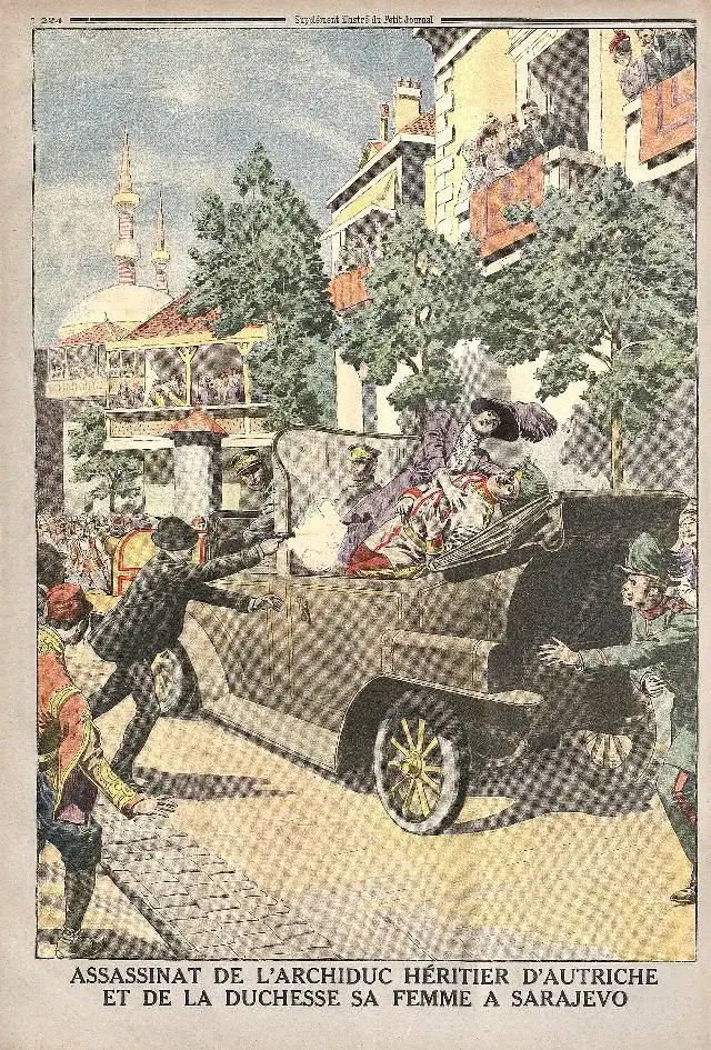 Le Petit Journal's 1914 illustrated depiction of the assassination of Archduke Franz Ferdinand and Duchess Sophie in Sarajevo.
