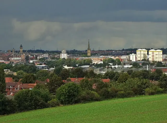 Modern-day Wakefield, Yorkshire, seen from Sandal Castle near the 1460 battlefield