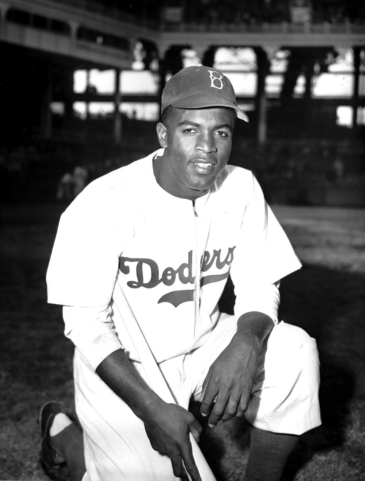 Jackie Robinson in his Brooklyn Dodgers uniform and cap, photographed in April 1947, days before his Major League debut