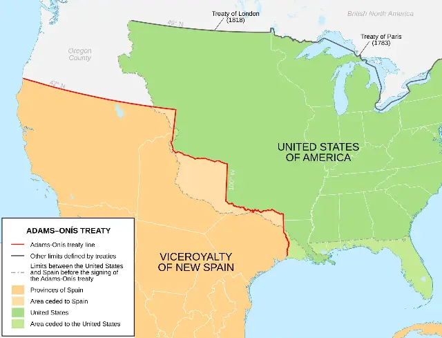 English-language map showing the Adams–Onís Treaty boundary line between the United States and the Viceroyalty of New Spain