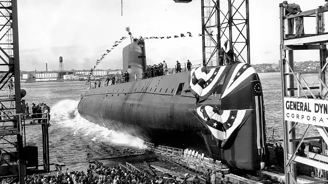 The USS Nautilus sliding down the ways at its launch ceremony in Groton, Connecticut, January 21, 1954.