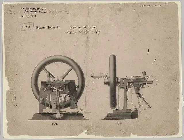 Elias Howe's 1846 patent drawing for his lockstitch sewing machine, U.S. Patent No. 4,750, from the U.S. National Archives.