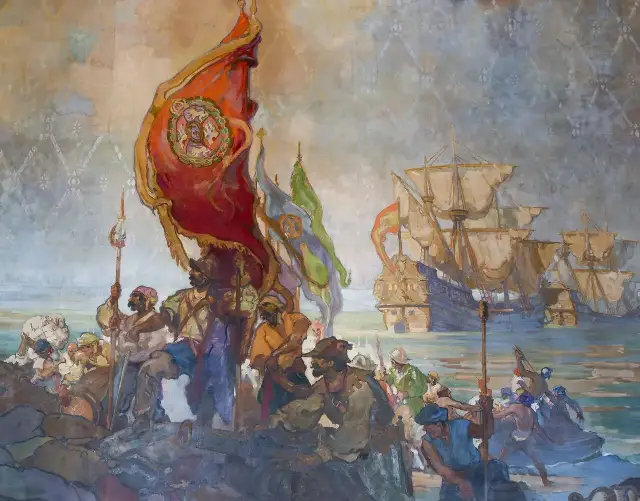 Detail from Daniel Sayre Groesbeck's 1929 mural showing Cabrillo's landing at San Diego Bay, with Spanish ships, banners, and conquistadors coming ashore