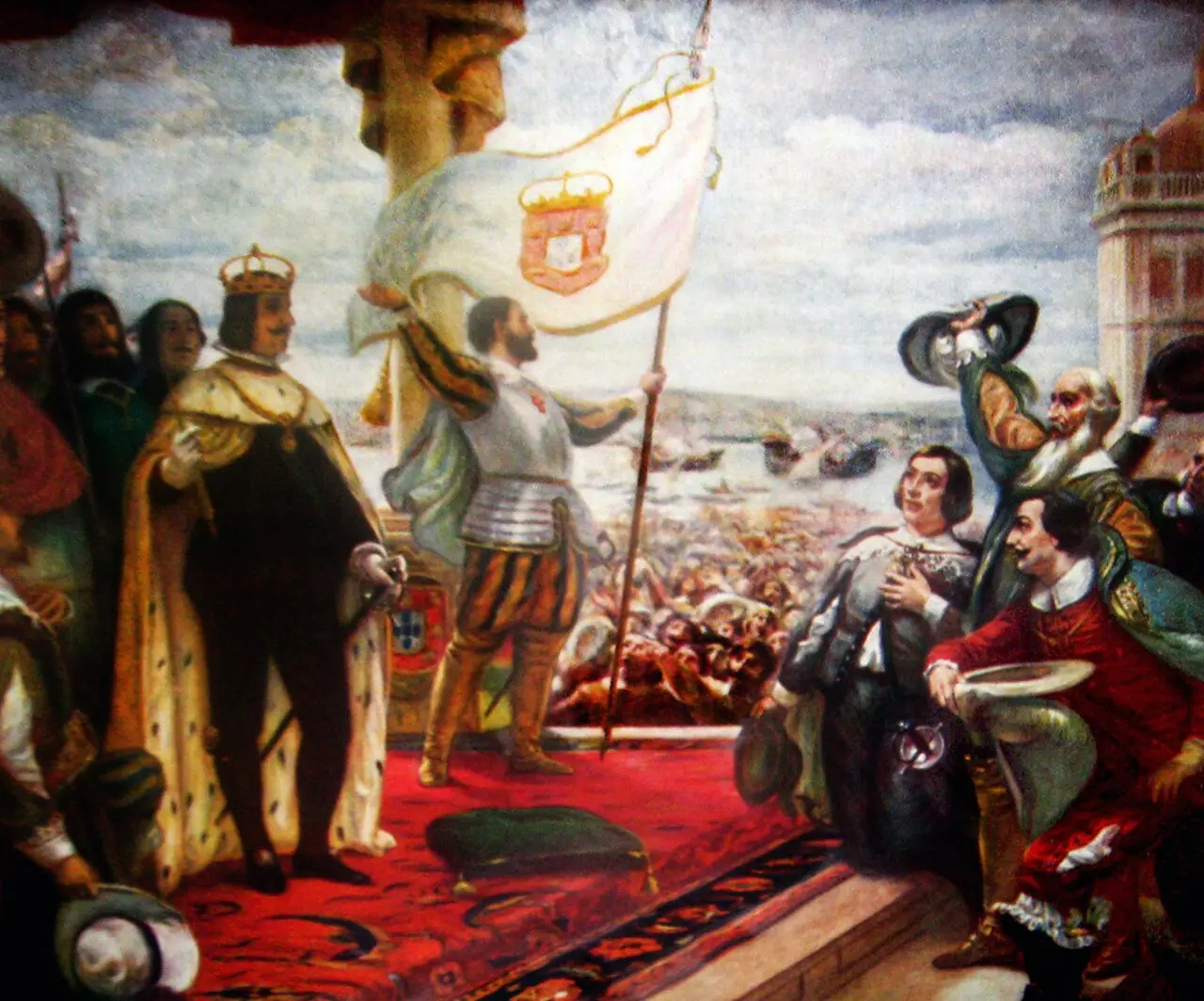 Veloso Salgado's painting of the acclamation of John IV of Portugal, showing the new king before a cheering crowd with the Portuguese banner