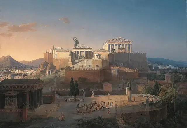 Leo von Klenze's 1846 reconstruction painting showing the Acropolis and Parthenon whole, as they looked before the 1687 explosion.