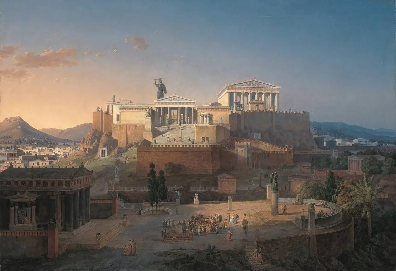 Leo von Klenze's 1846 reconstruction painting showing the Acropolis and Parthenon whole, as they looked before the 1687 explosion.