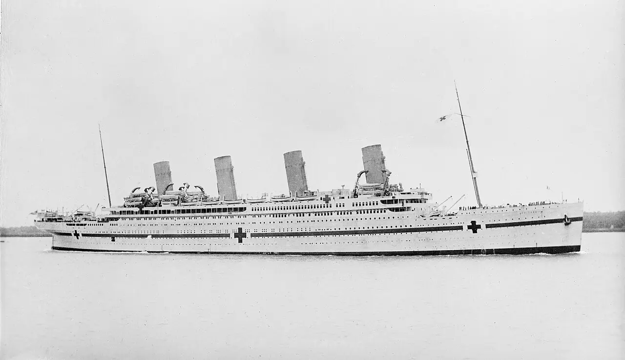 The HMHS Britannic at sea in her white hospital-ship livery with red crosses during World War I.