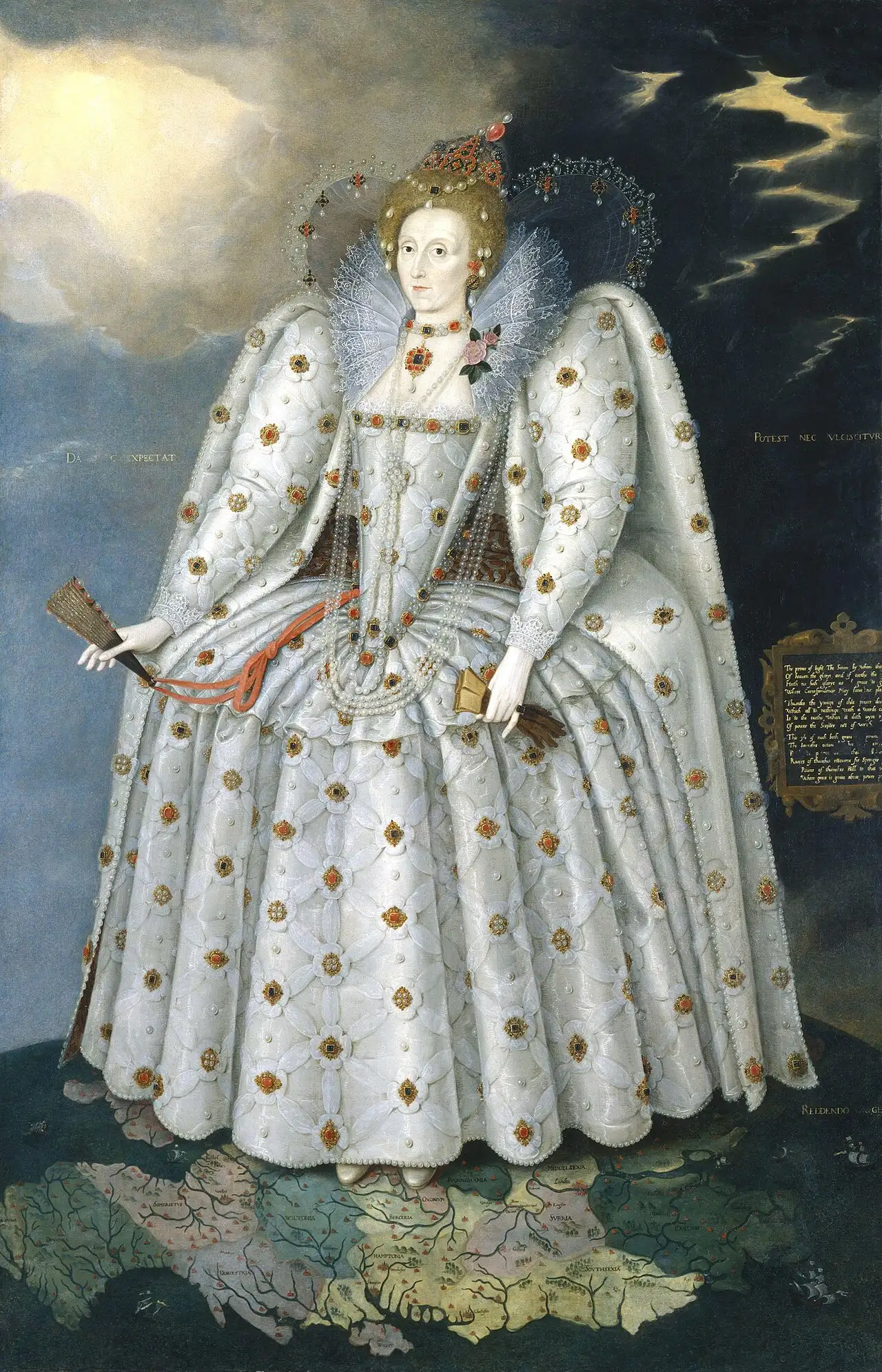 The Ditchley portrait of Elizabeth I by Marcus Gheeraerts the Younger, painted around 1592 — decades after her 1558 accession, shown in her later years as queen.
