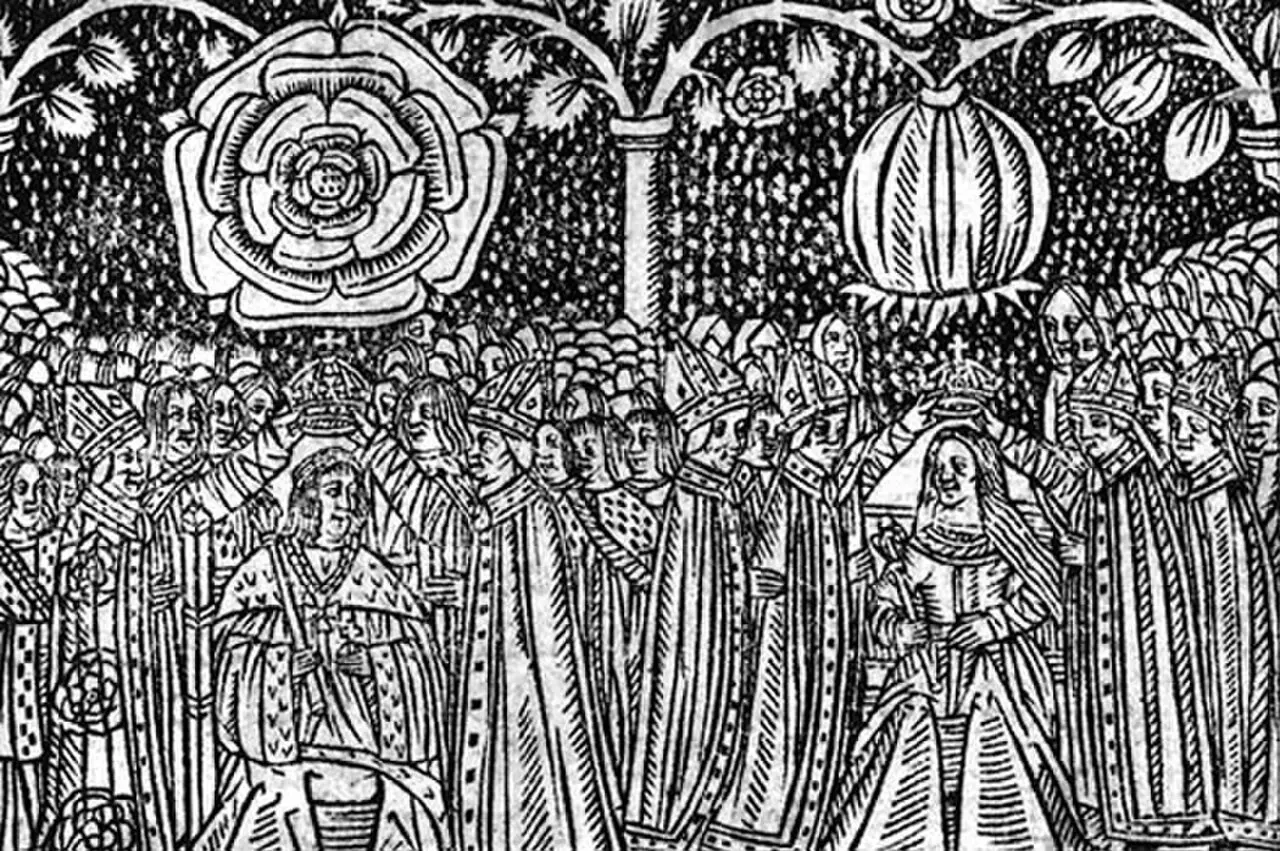 A 16th-century woodcut showing the coronation of Henry VIII and Catherine of Aragon, with the Tudor rose and the pomegranate of Granada above the ceremony.