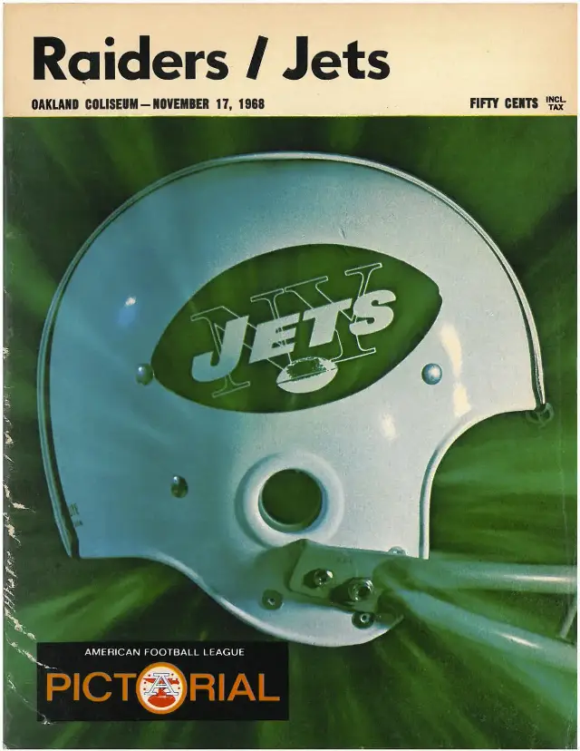 The official game program cover for the Raiders–Jets game at Oakland Coliseum on November 17, 1968 — the very game that became known as the Heidi Game.