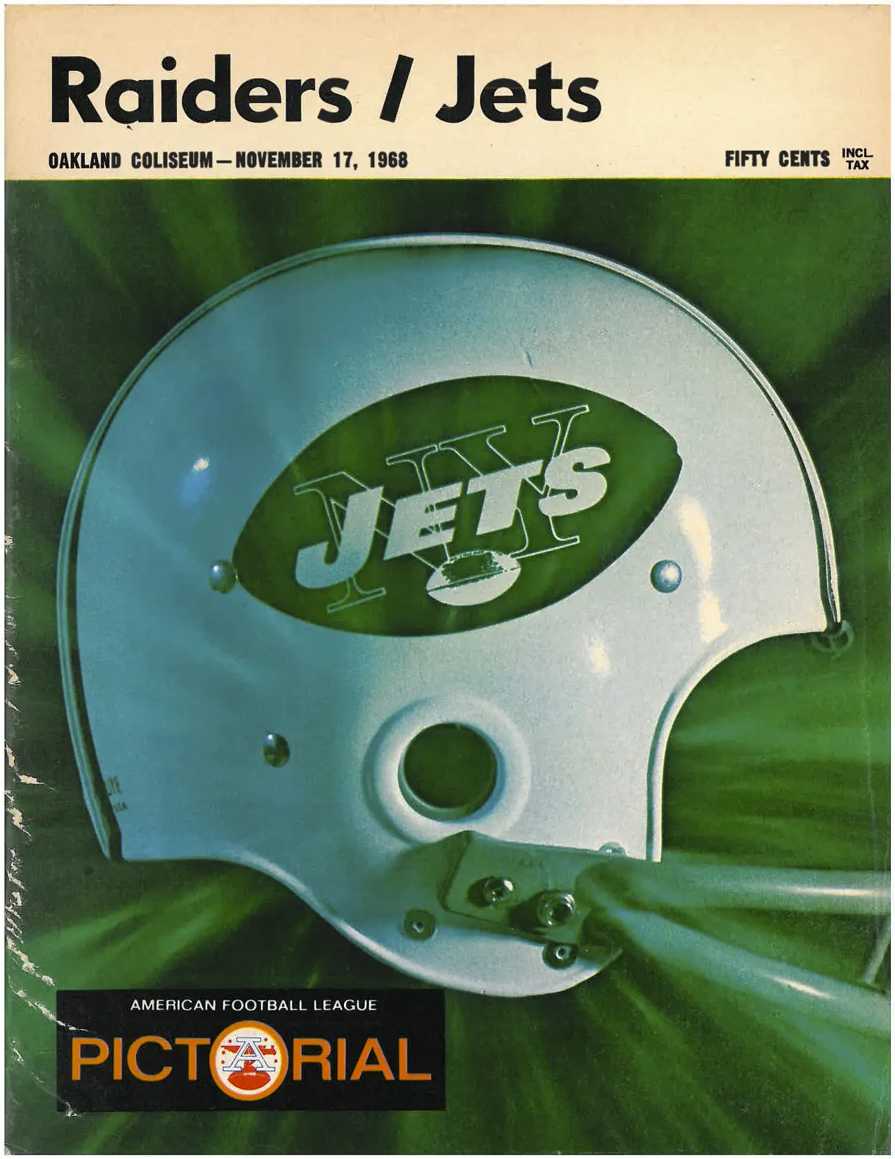 The official game program cover for the Raiders–Jets game at Oakland Coliseum on November 17, 1968 — the very game that became known as the Heidi Game.