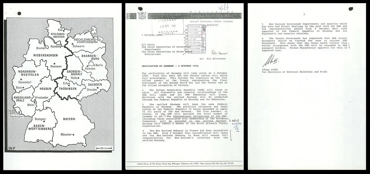 October 1990 New Zealand government memo announcing German reunification, with a map of the reunified Germany