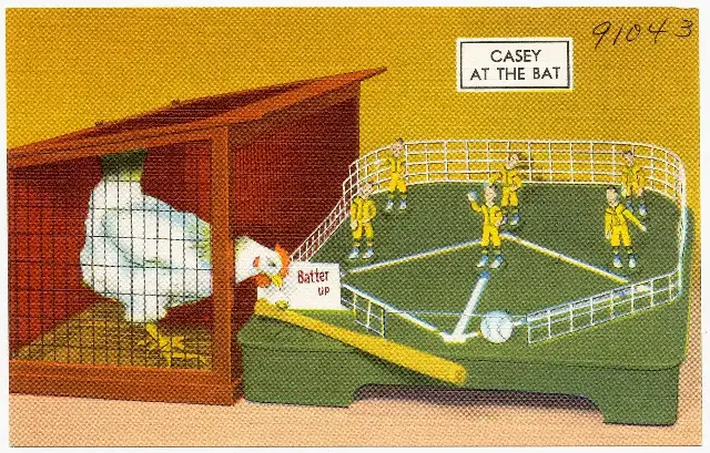 A vintage hand-colored postcard captioned "Casey at the Bat" showing a white chicken in a batting cage next to a miniature baseball diamond with toy players, a "Batter Up" sign, a bat, and a ball.