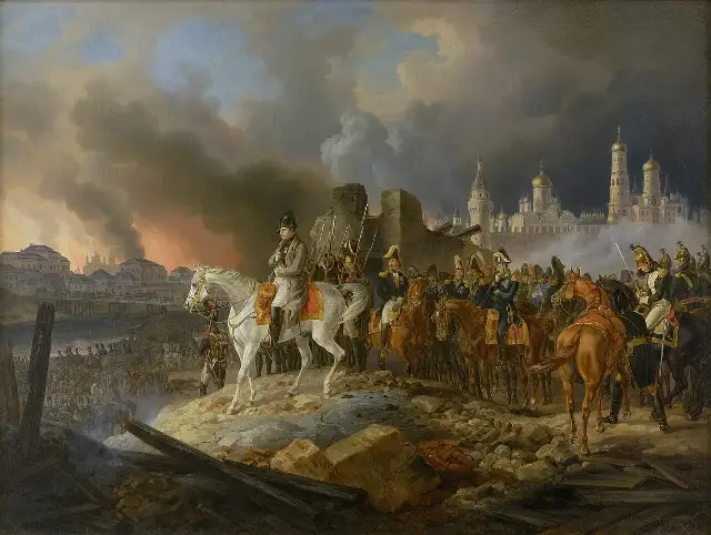 Albrecht Adam's 1841 painting of Napoleon on horseback watching Moscow burn, with the Kremlin visible through the smoke