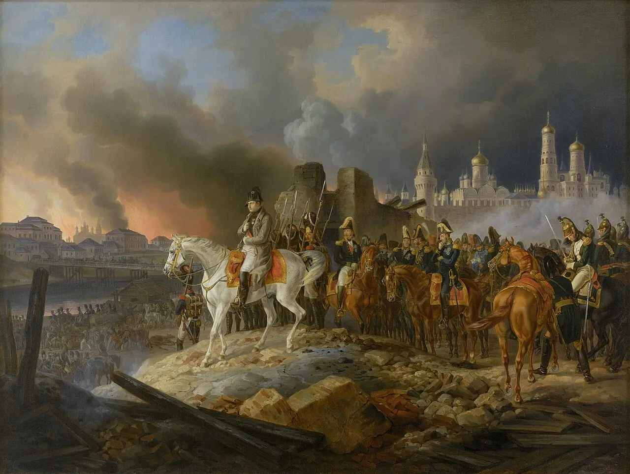 Albrecht Adam's 1841 painting of Napoleon on horseback watching Moscow burn, with the Kremlin visible through the smoke