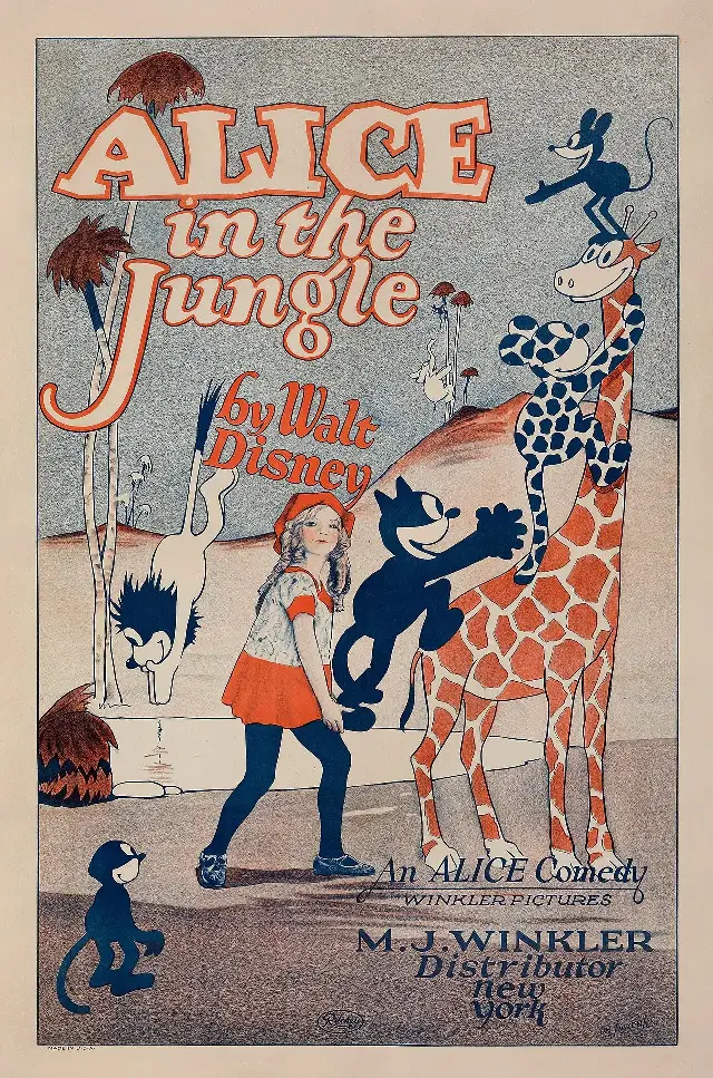 A 1924 movie poster for the Alice Comedies cartoon "Alice in the Jungle," showing a small girl beside a lion, credited to Walt Disney and Winkler Pictures.
