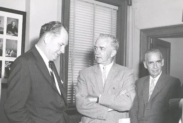 Officials at the final meeting of the National Advisory Committee for Aeronautics on August 21, 1958, weeks after the Space Act signing; NACA was absorbed into NASA that October.