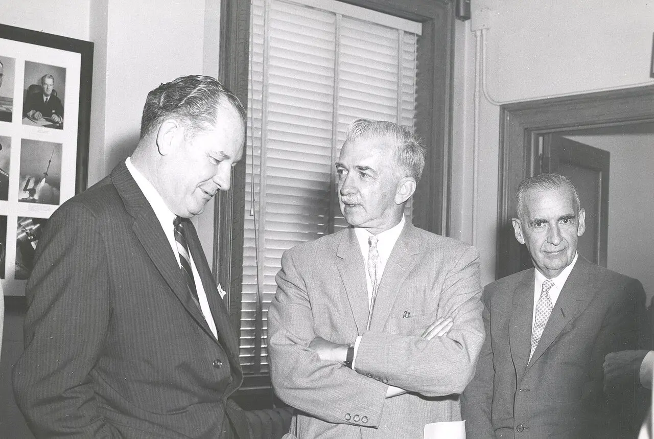 Officials at the final meeting of the National Advisory Committee for Aeronautics on August 21, 1958, weeks after the Space Act signing; NACA was absorbed into NASA that October.