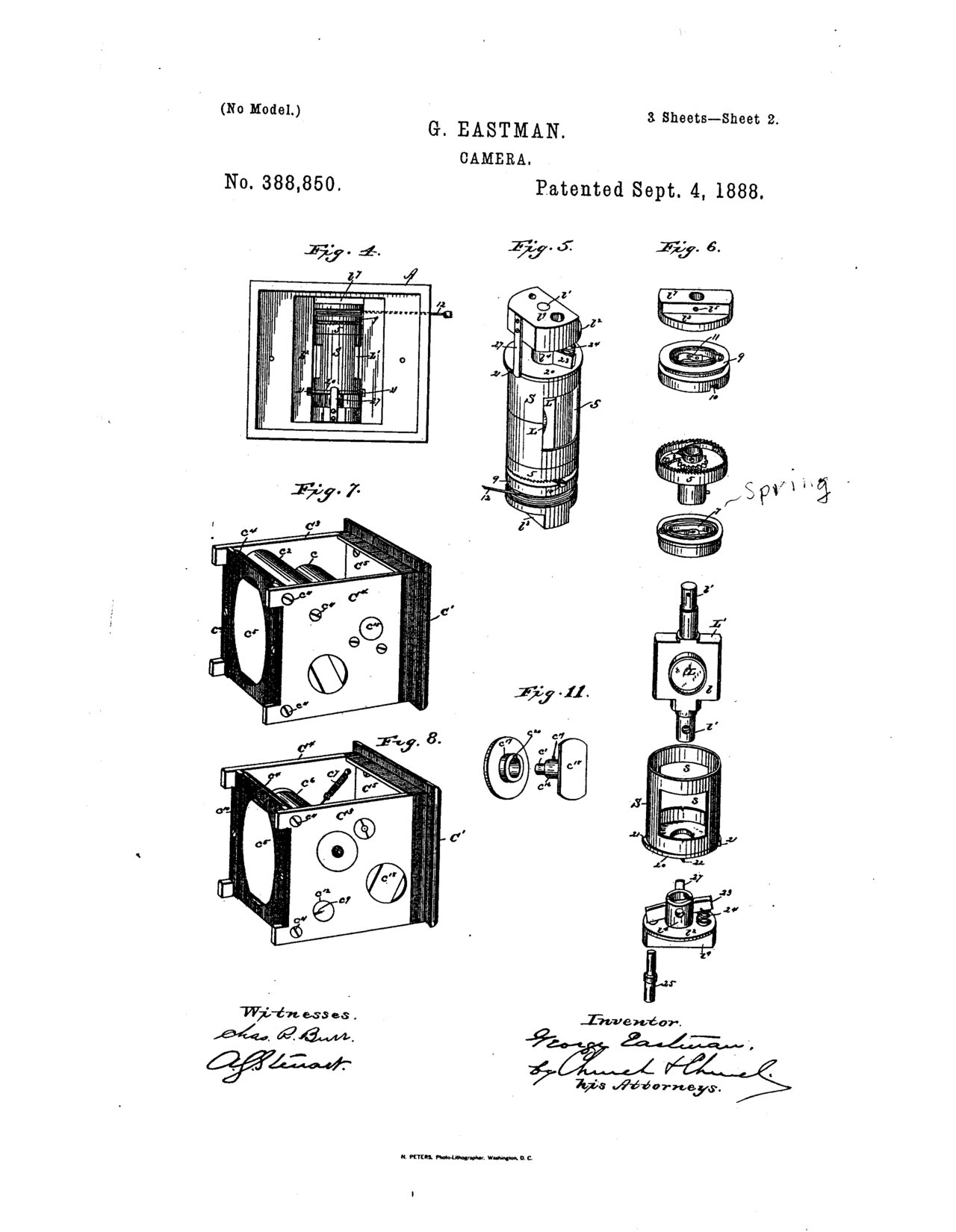 Technical drawings from George Eastman's U.S. Patent No. 388,850 for a roll-film camera, patented September 4, 1888.