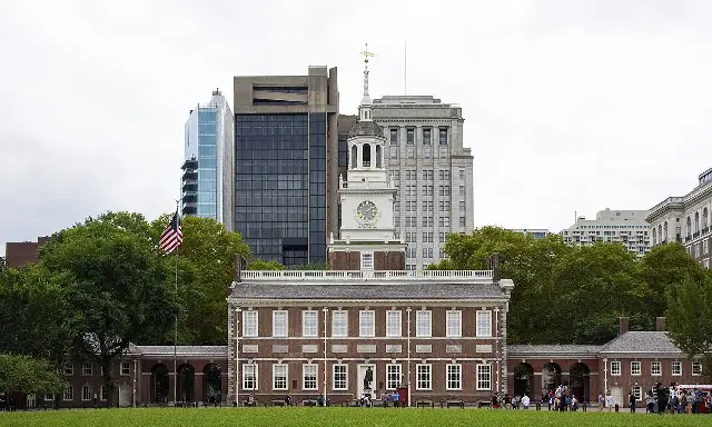 Independence Hall in Philadelphia, the brick colonial building where American independence was declared in 1776.