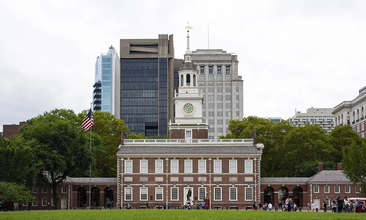 Independence Hall in Philadelphia, the brick colonial building where American independence was declared in 1776.