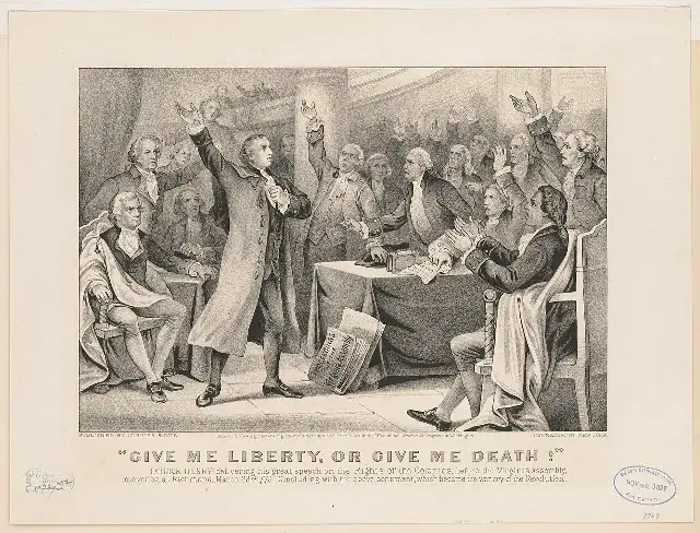Currier & Ives 1876 lithograph of Patrick Henry delivering his 1775 speech before the Virginia Assembly in Richmond.