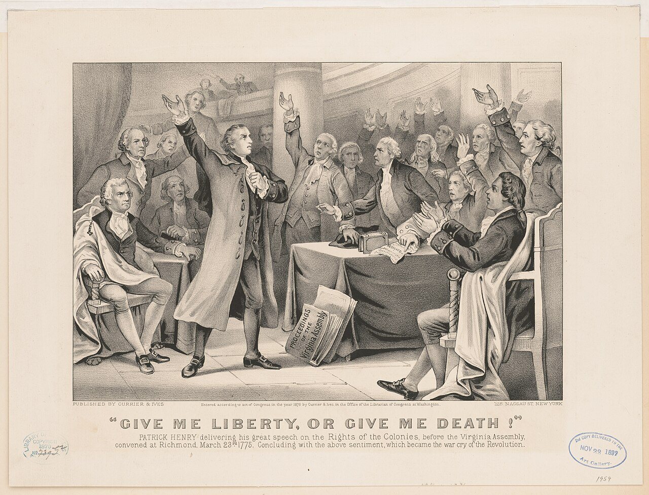 Currier & Ives 1876 lithograph of Patrick Henry delivering his 1775 speech before the Virginia Assembly in Richmond.
