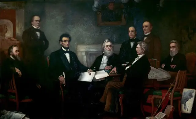 Francis Bicknell Carpenter's 1864 painting showing President Lincoln reading the Emancipation Proclamation to his cabinet.