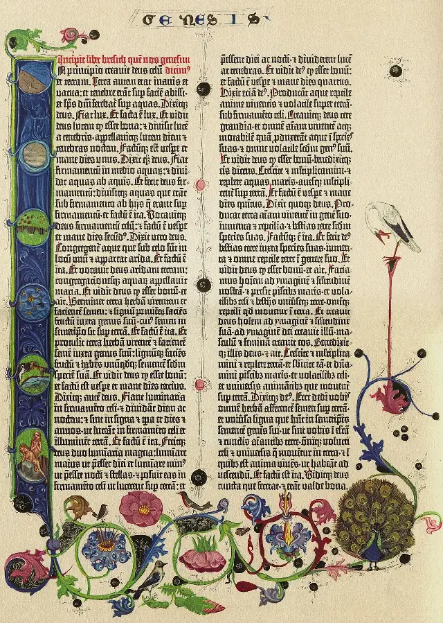 Illuminated opening of Genesis in a Gutenberg Bible, the 42-line Bible printed in Mainz around 1455