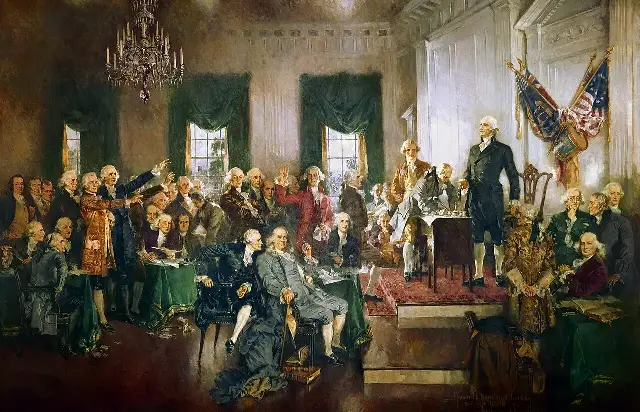 Howard Chandler Christy's painting "Scene at the Signing of the Constitution of the United States," showing delegates in Philadelphia in 1787.